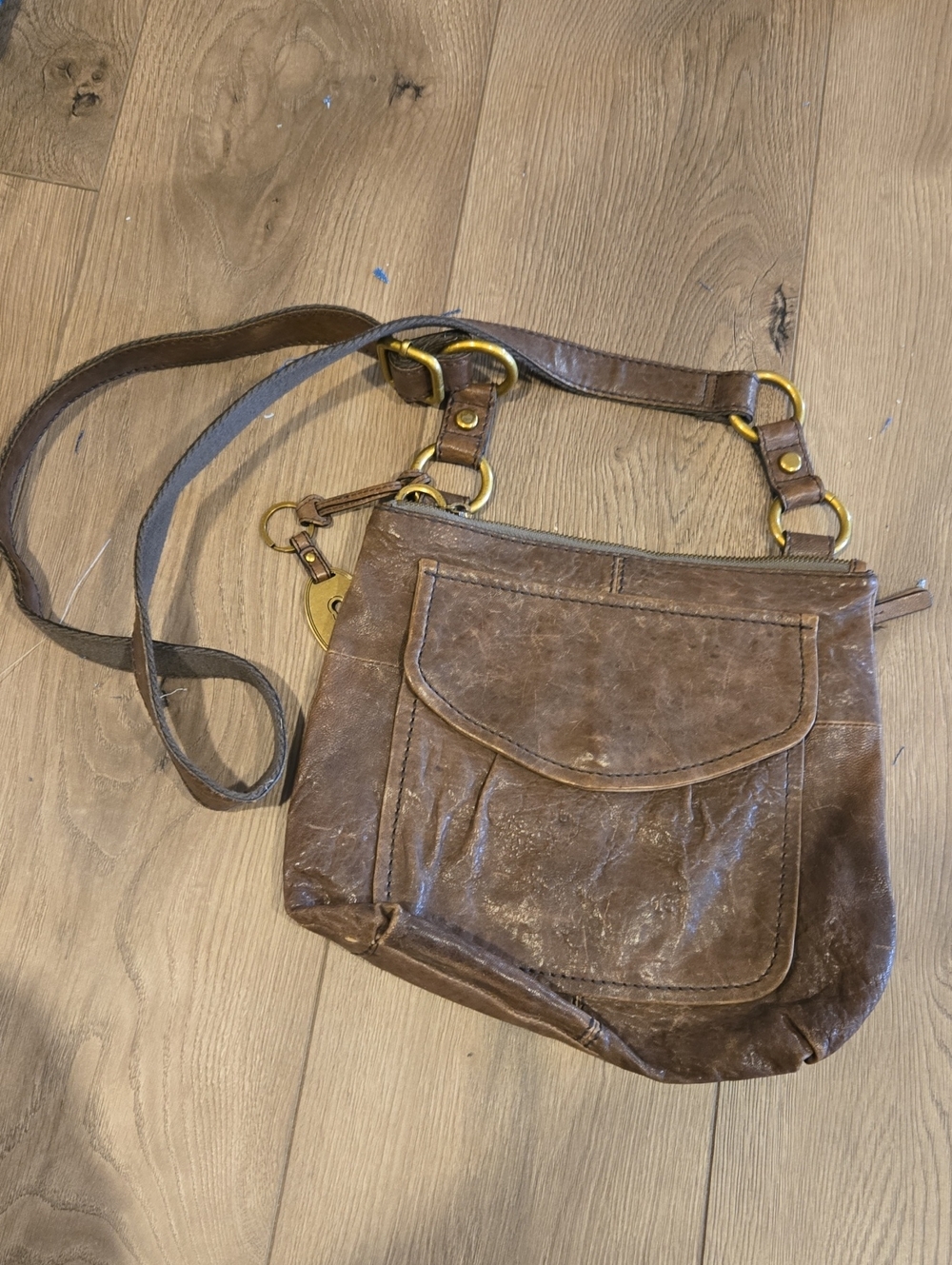 Fossil Brown Leather Crossbody with Front Flap and Brass Hardware